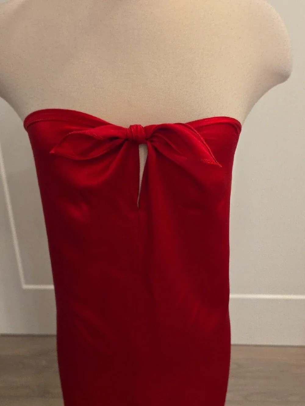 Jeannene Booher vintage Strapless silk Red Midi Dress w/Front Knot size 12 EUC